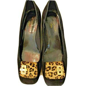 Anne Klein iFlex Black Suede Enrika Wedge Shoes Leopard Print Womens Sz 7.5M-lp